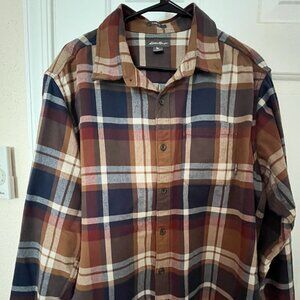 Eddie Bauer Plaid Flannel Button Down Shirt – Brown, Navy & Crimson